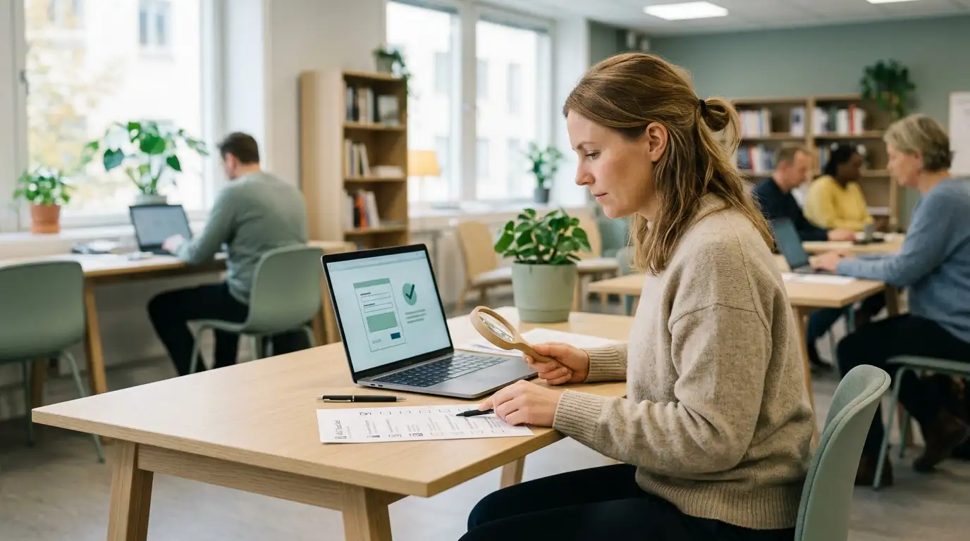 Person som kontrollerar licensuppgifter och villkor på en dator